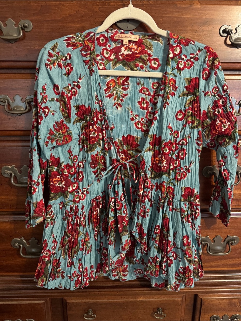 Tie-Front Floral Peasant Tunic in Teal and Red